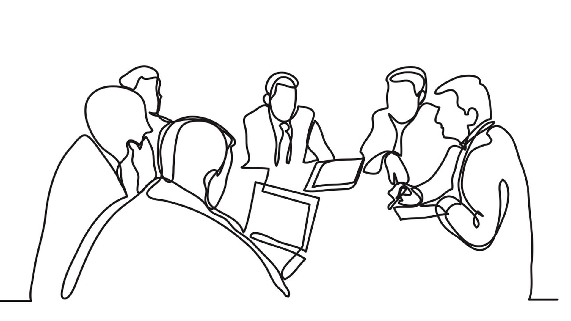A line drawing of anonymous men sitting around a boardroom table.