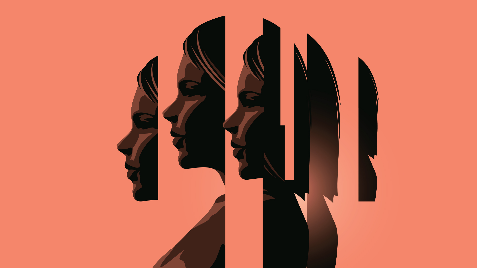 Side view illustration of a woman whose head and shoulders have been split into six vertical segments with an orange background.