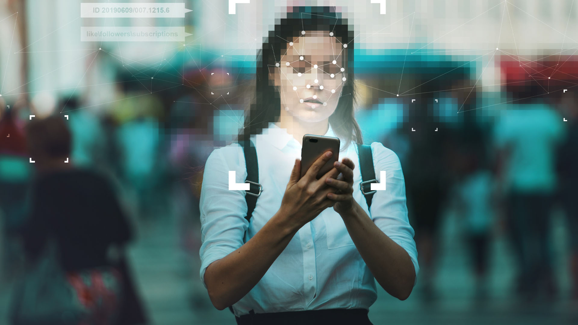 Illustration of a woman in a street crowd, looking at her smartphone. Her face is pixelated.