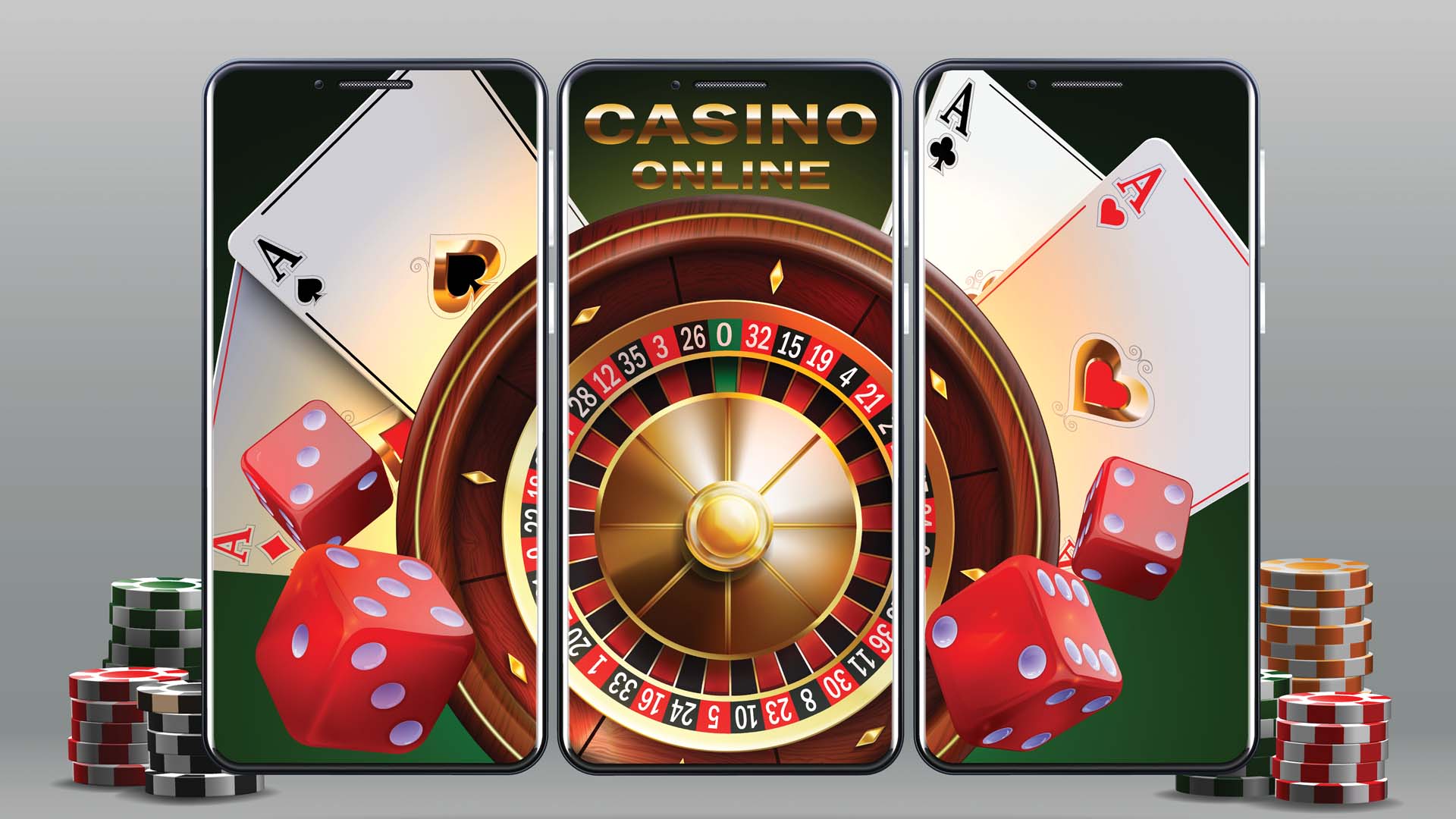 An illustration showing poker chips, dice and playing cards and a roulette wheel on the screens of three mobile telephones side by side, with the words “casino online” printed on the screen in the middle.