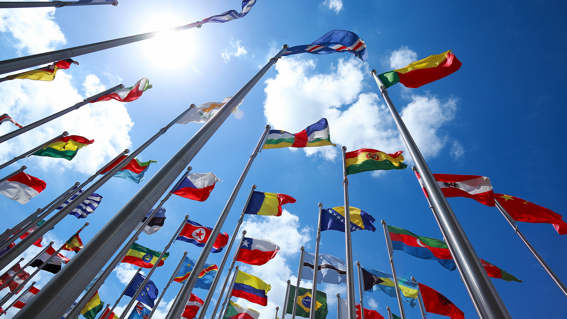 The flags of dozens of nations fly against a blue sky.