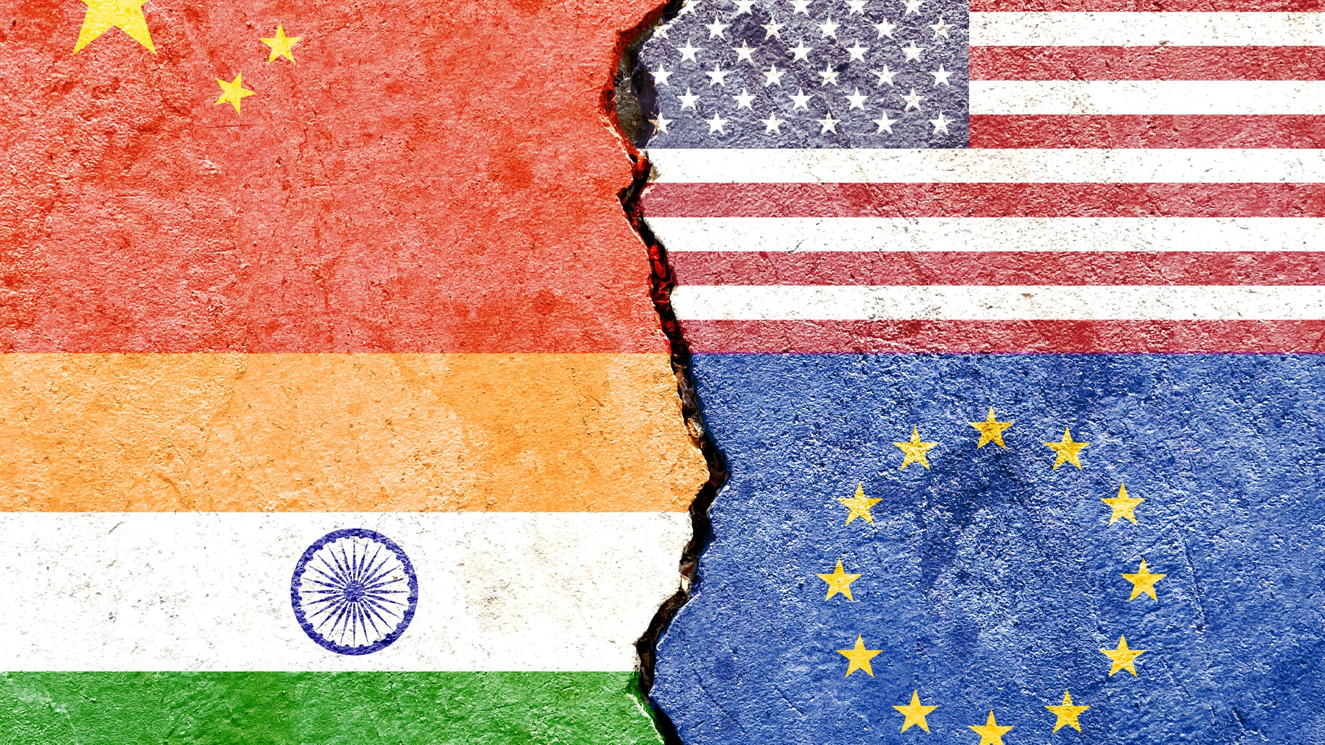 Images of the flags of India, the United States, China and the EU are painted onto weathered concrete blocks and divided by cracks.