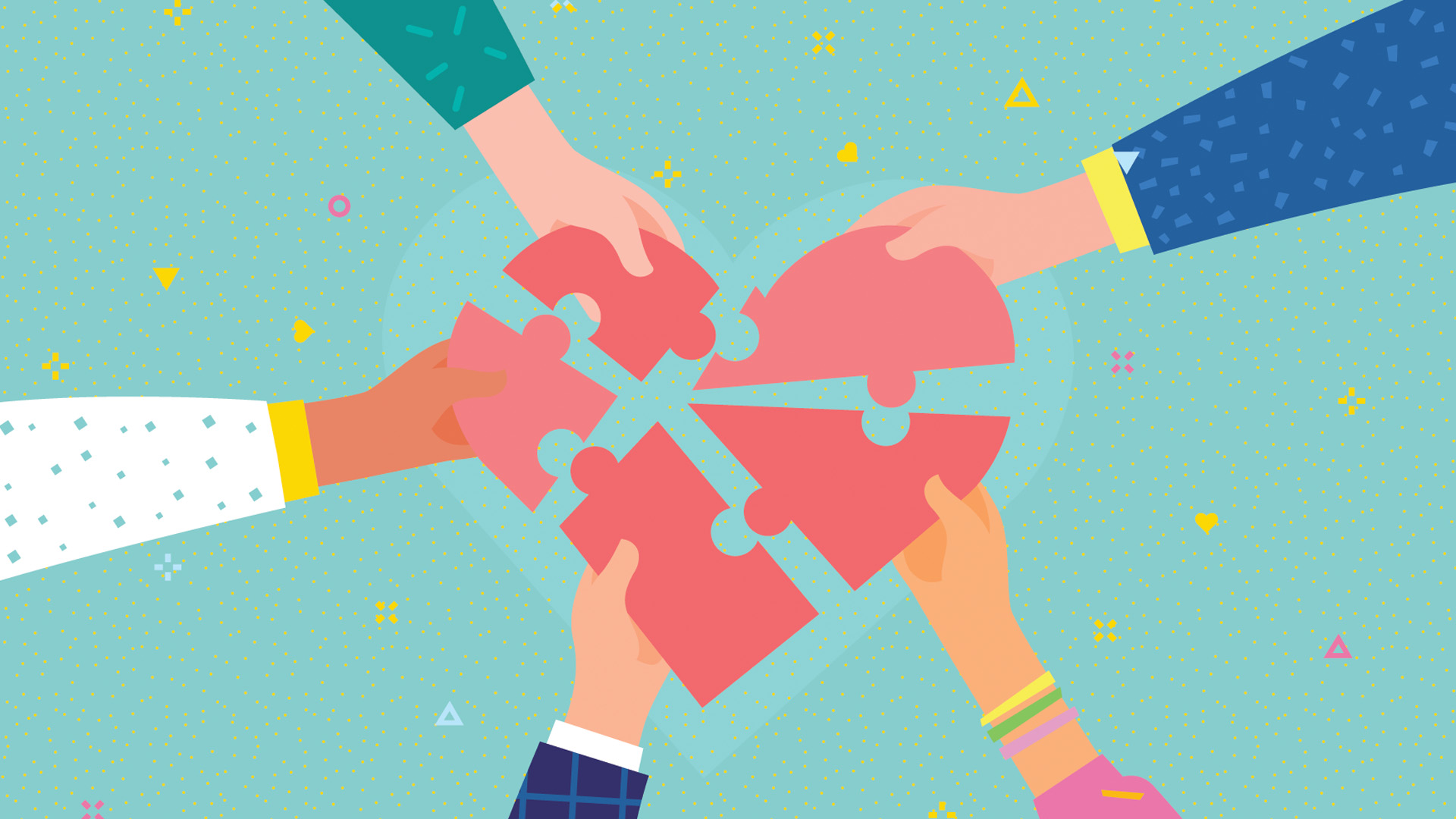 Colourful illustration of five hands each holding a puzzle piece that together make up a red heart in the middle of the drawing. The hands are connected to arms coming from five directions. Each arm is clothed in a different patterned sleeve. The sleeves are dark blue, pink, white or forest green.