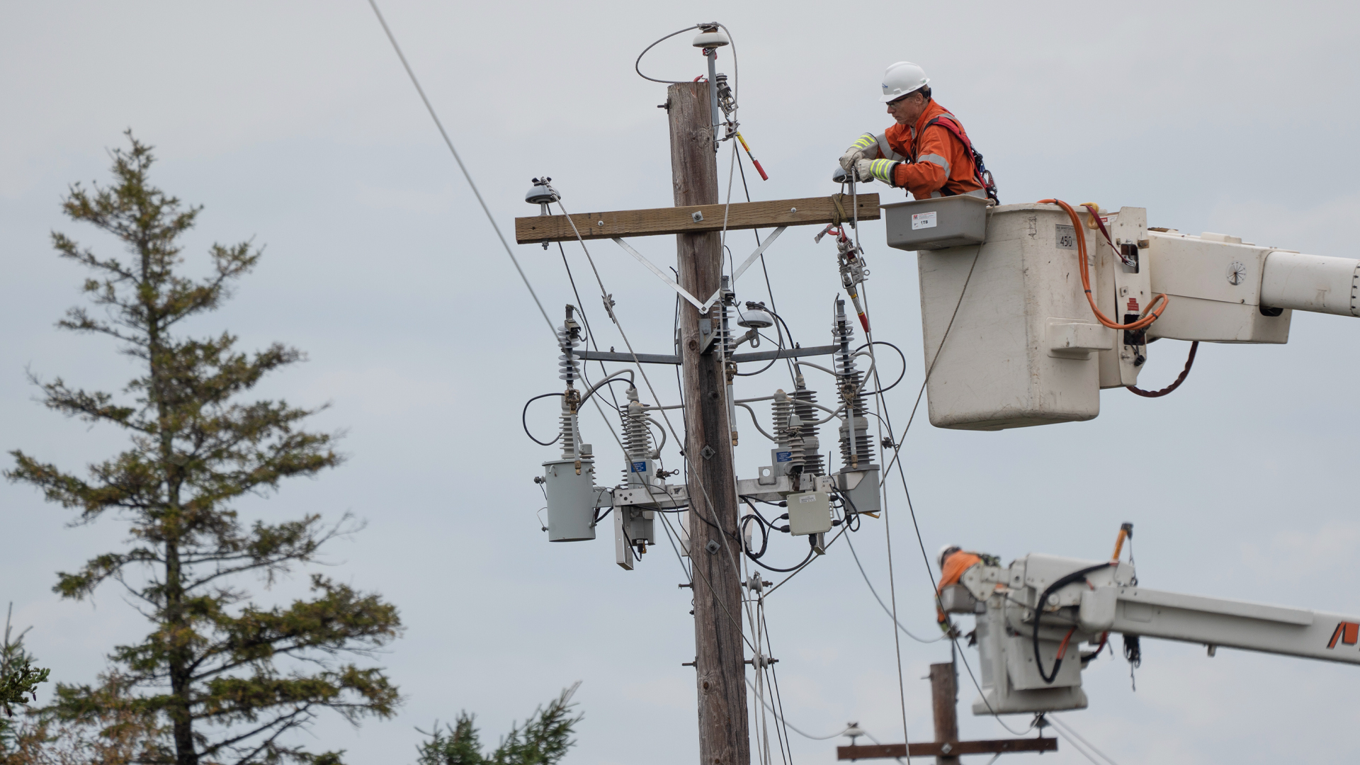 Two workers, both men, work on lines attached to two power poles. Each man is in his own bucket, the mechanical arm that reaches out from their power trucks. Both men are in orange jackets and white hardhats. A couple of evergreen trees are nearby. It’s a cloudy sky.