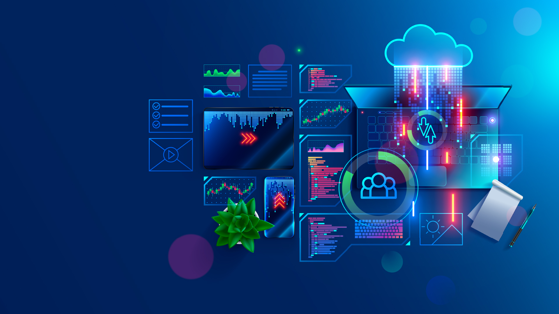 Blue-tinted illustration showing a laptop surrounded by icons depicting the cloud, bar charts, and a notepad and pen.