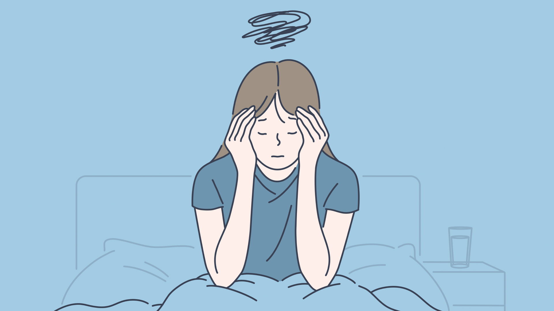 Illustration of a young woman holding her temples with her eyes closed. She is sitting up in bed. A tangle of scribble lines floats above her head.