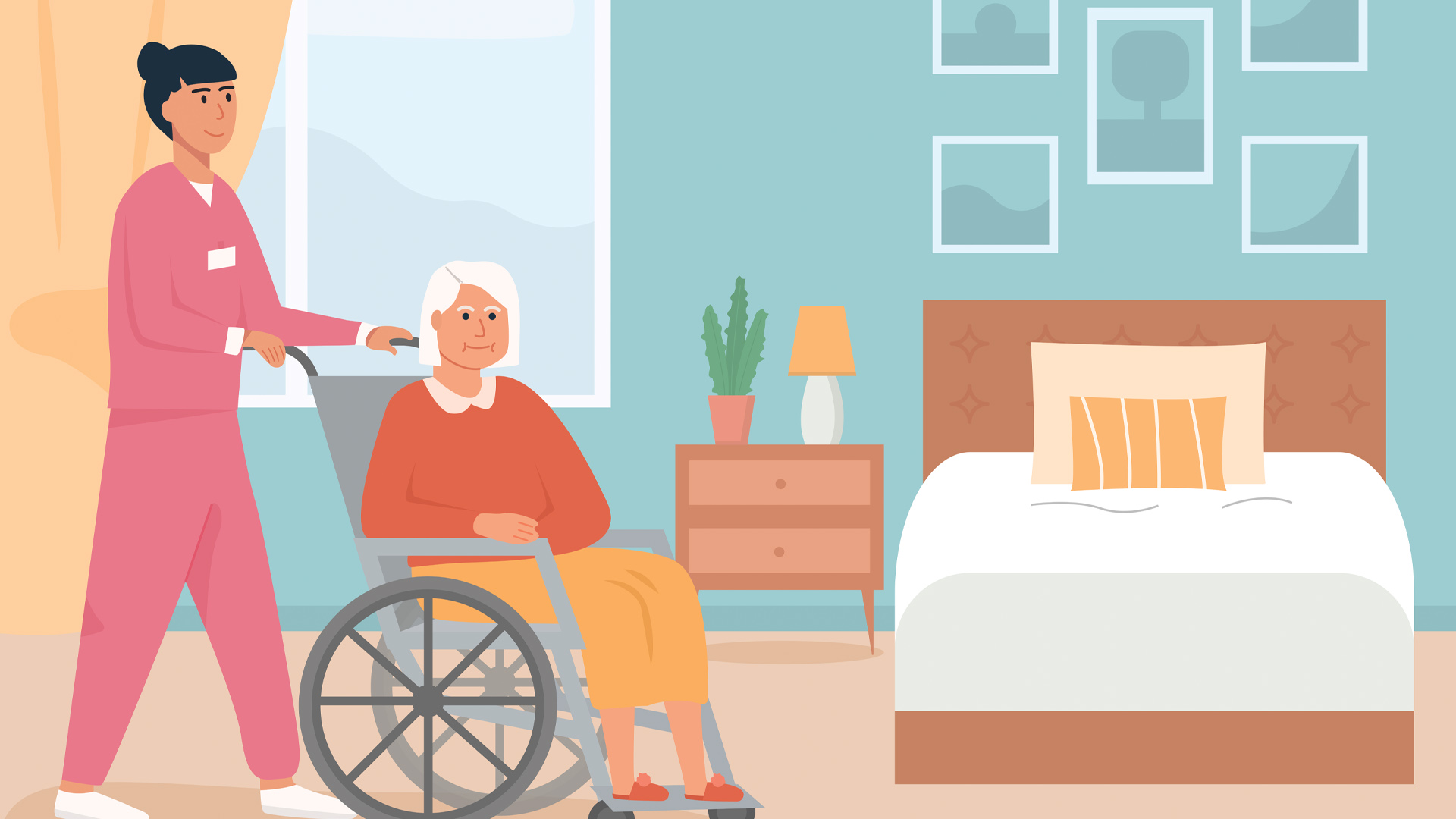 Illustration d’une femme poussant une femme âgée en fauteuil roulant dans une chambre.