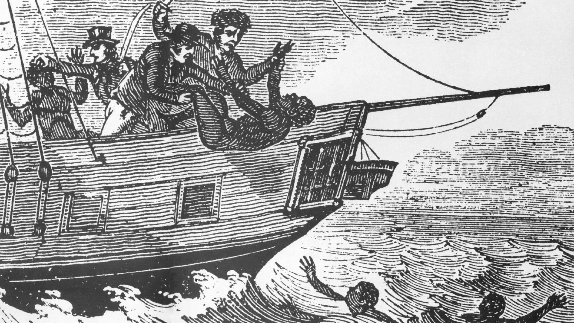 A black and white engraving from 1760 shows two sailors throwing an African captive from a ship. Two Black people are already in the water. In the background, a third sailor is holding a Black person by their hair.