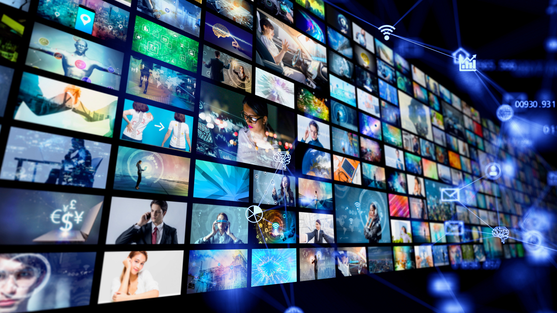 A colourful long wall is made up of many black-framed squares showing images of people and things.