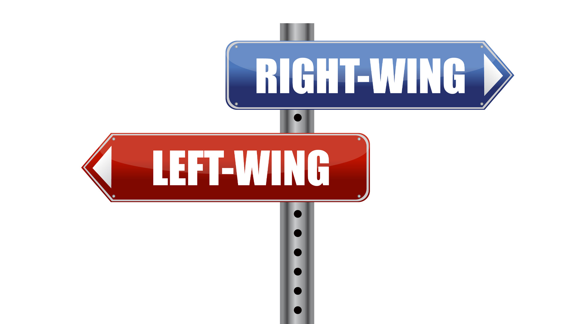 A red sign pointing left wing and a blue sign pointing right wing.