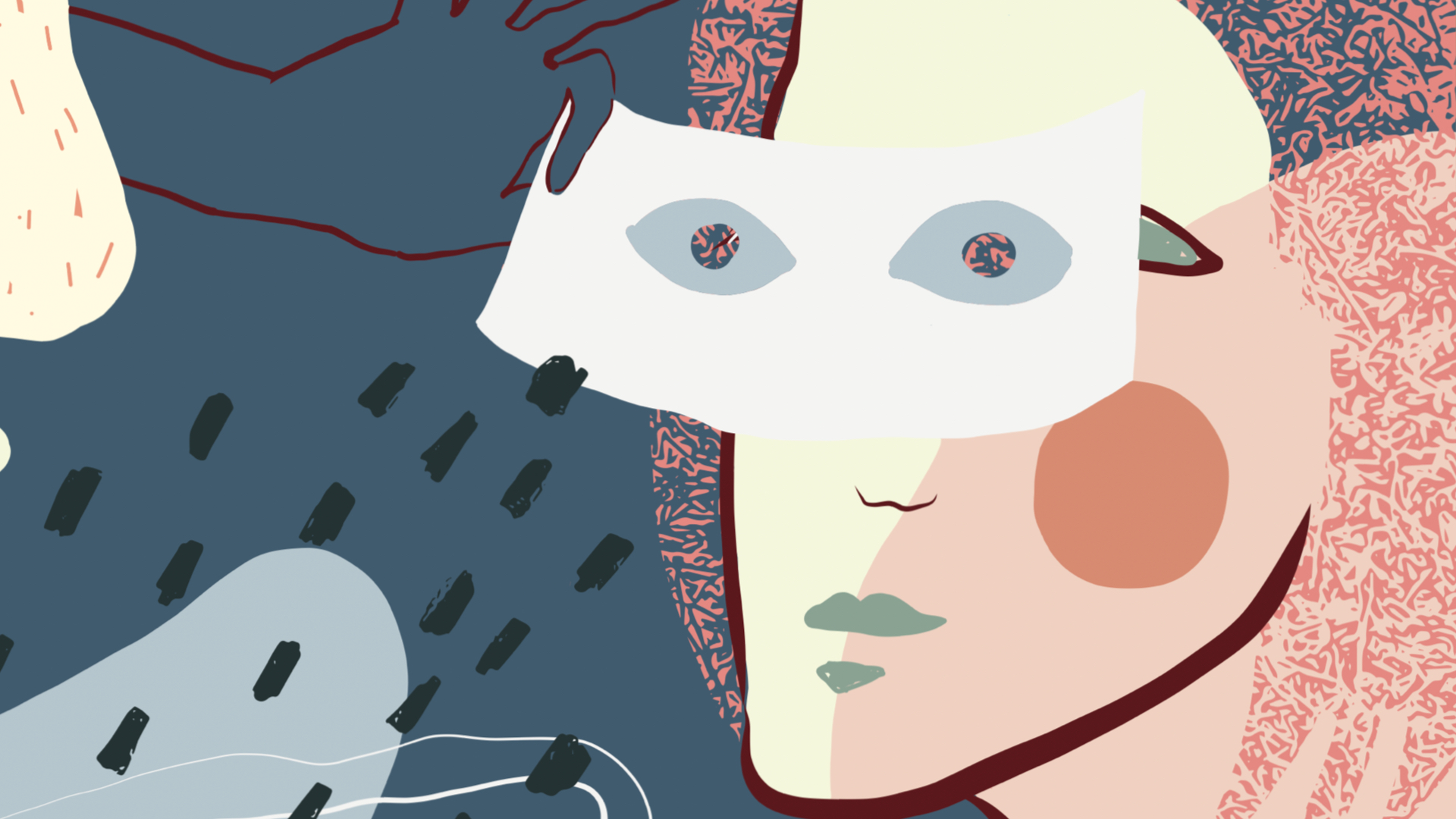 An abstract image of a hand lifting a mask from a face.