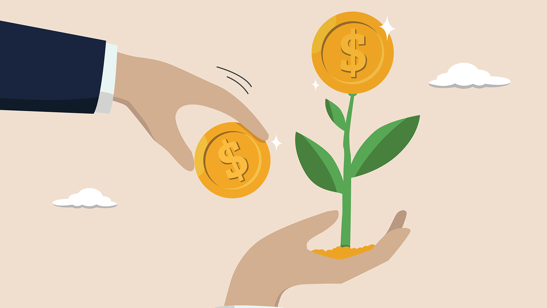 Illustration of a small plant whose flower is a dollar coin. A pair of hands is holding it and another coin.