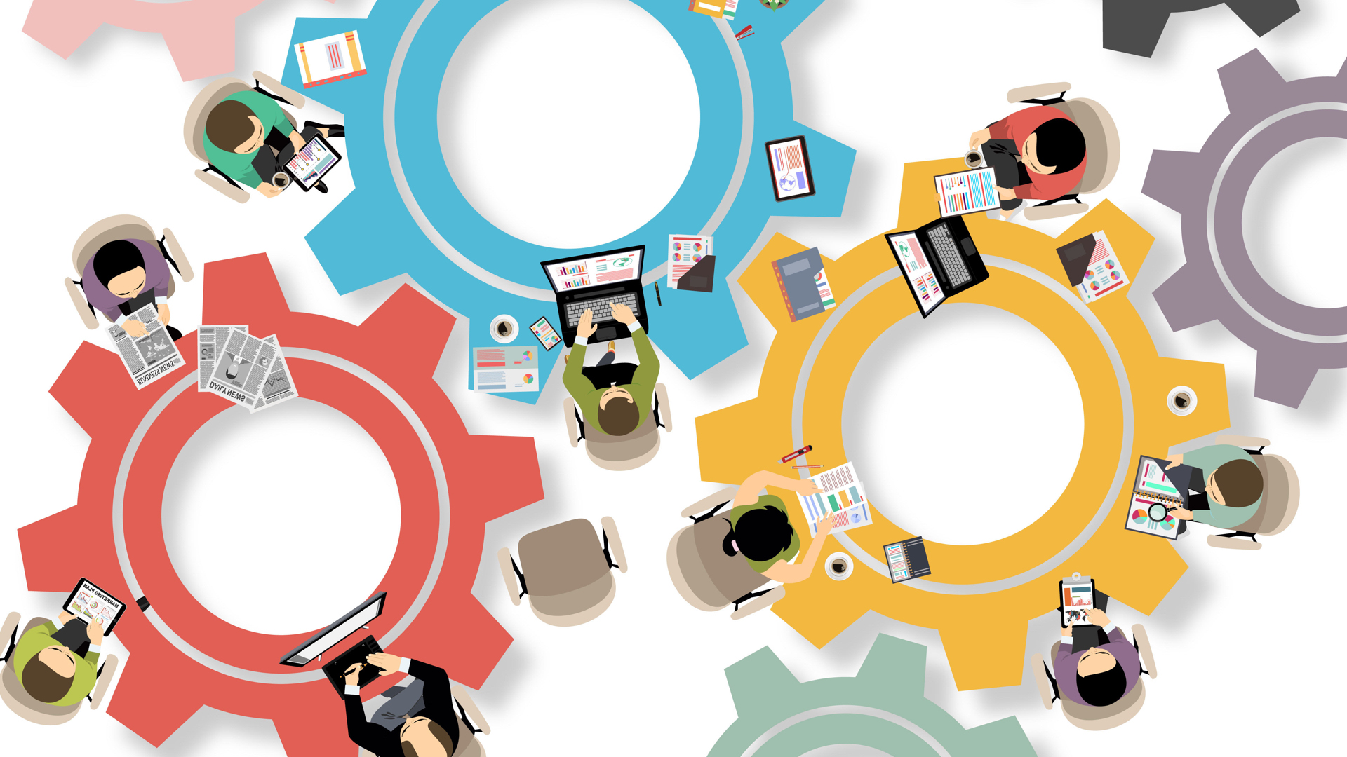 Illustration depicting colouful machine gears as and interlocking work station where a handful of people work with laptops.
