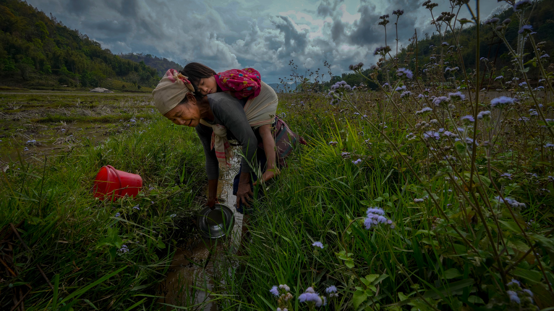 A woman fishes in a small shallow channel cutting through a field as her granddaughter dozes off on her back.
