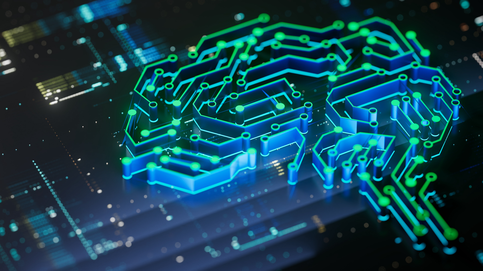On an electronic motherboard, the shape of a brain is depicted using metal components illuminated in shades bright blues and greens.