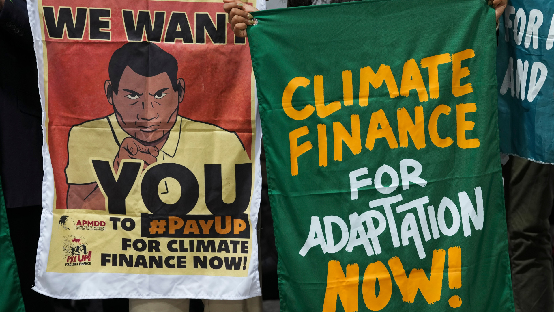 Signs held by protesters calling for financing of climate adaptation.