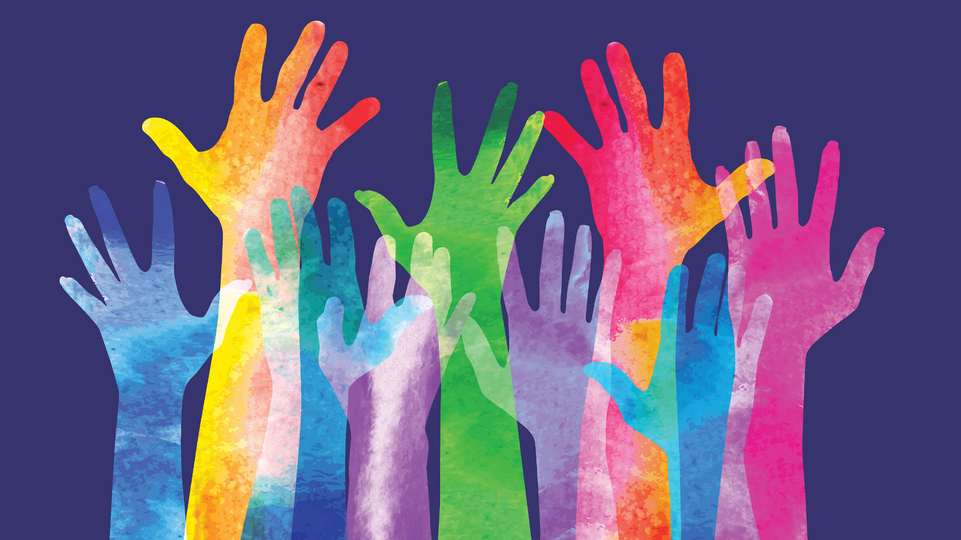 Overlapping silhouettes of hands in a watercolour texture.