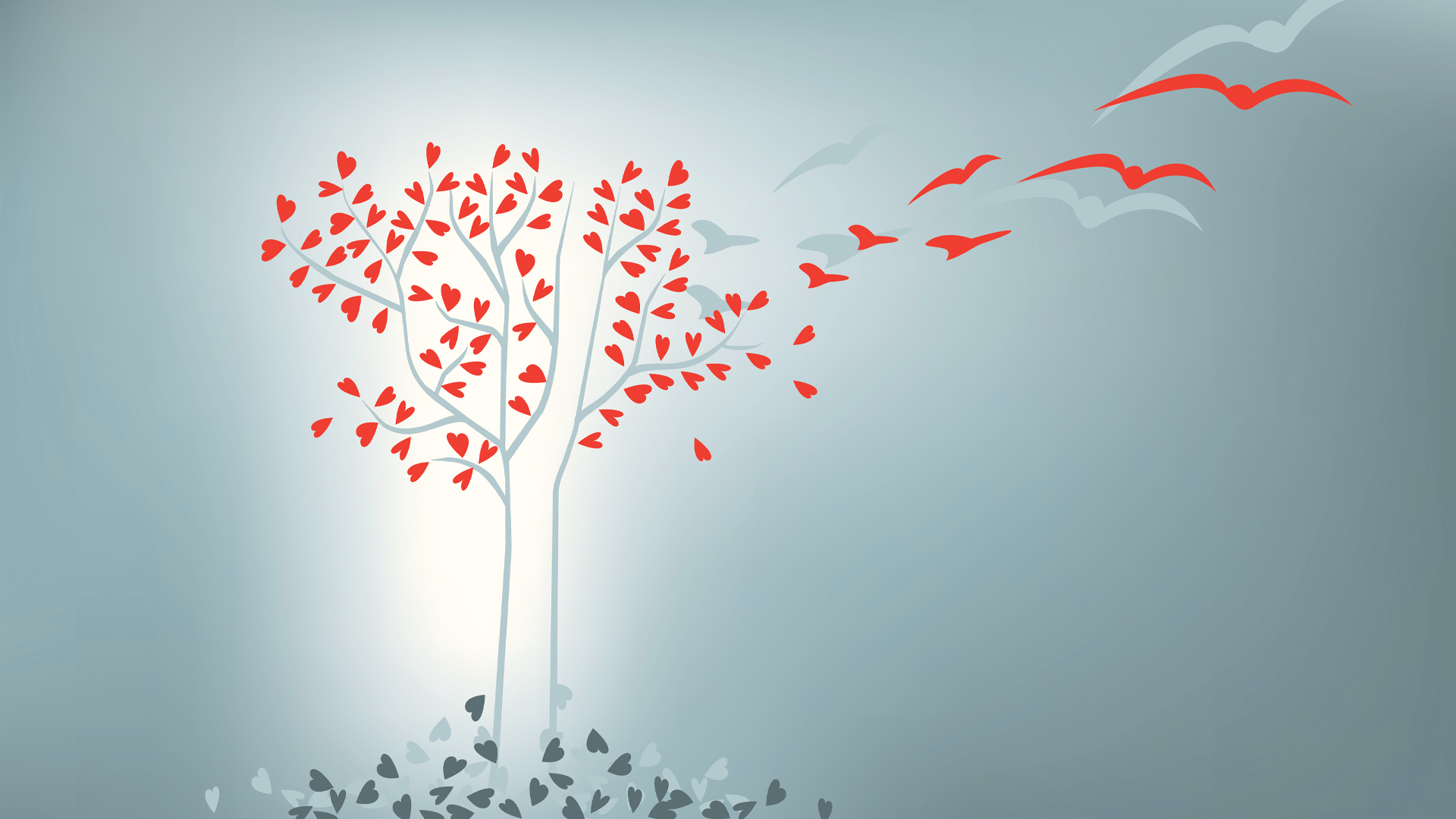 Illustration of a tree with leaves shaped like hearts. On the branches, they are red. Some of them turn into birds flying away. The fallen leaves are dark or light grey.