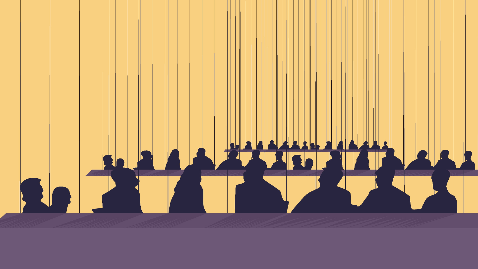 An abstract illustration showing the dark silhouettes of people conferring against a yellow backdrop.