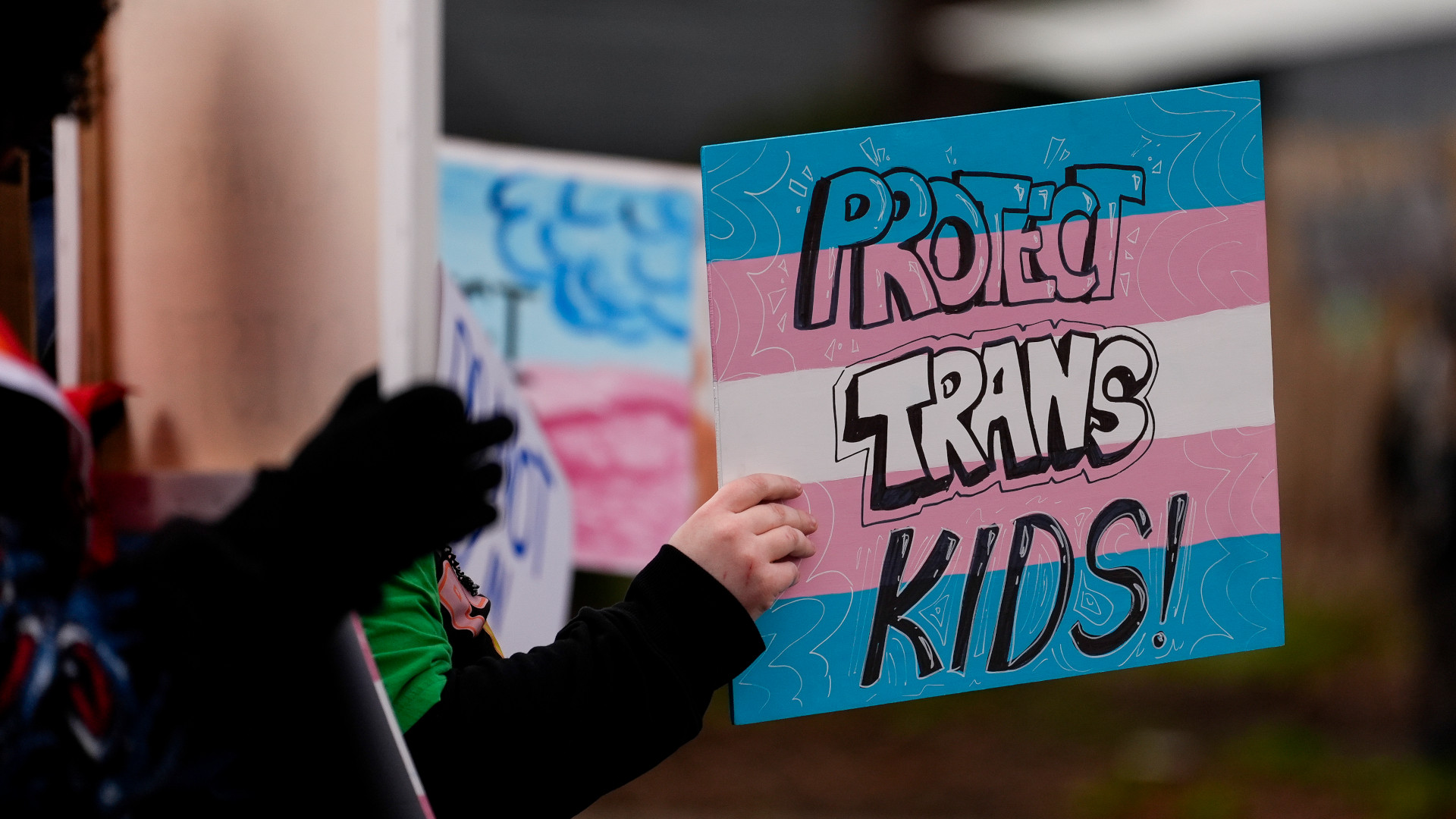A hand holding a blue and pink sign saying “Protect trans kids!” with other signs out of focus in the fore and background.