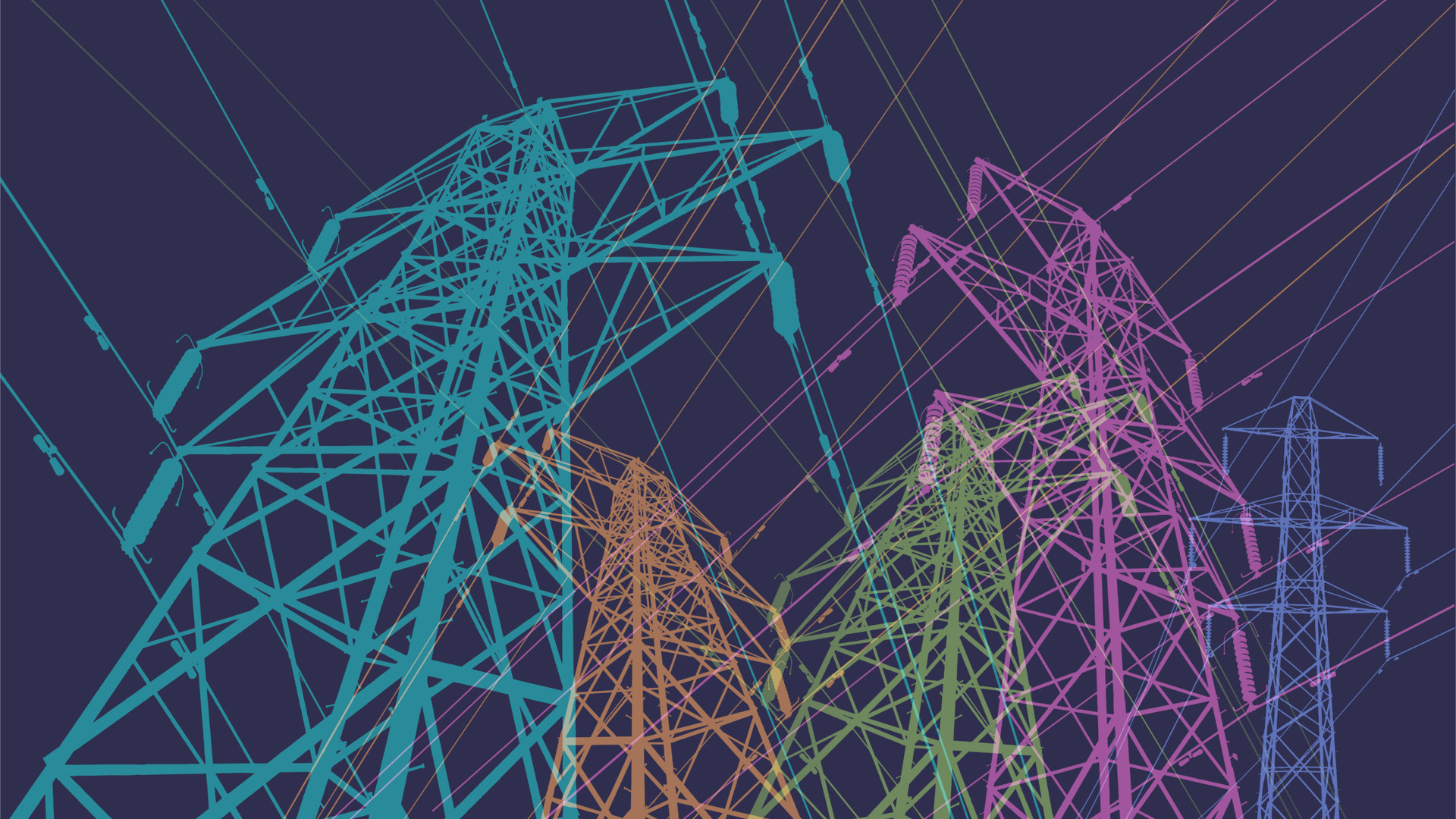 A montage of electricity towers and overhead wires. Each tower is a different colour: pink, teal, olive green and orange.