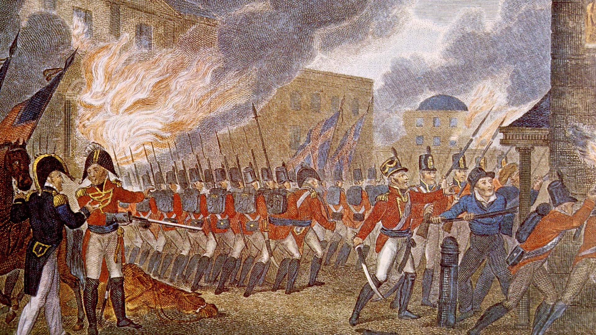A line of redcoats marching in front of a burning building.