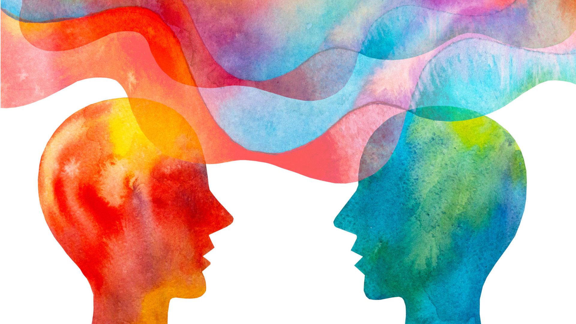 Une illustration à l'aquarelle représente deux personnes se faisant face lors d’une conversation. Leurs paroles s'élèvent en bulles de pensée qui se fondent l'une dans l'autre