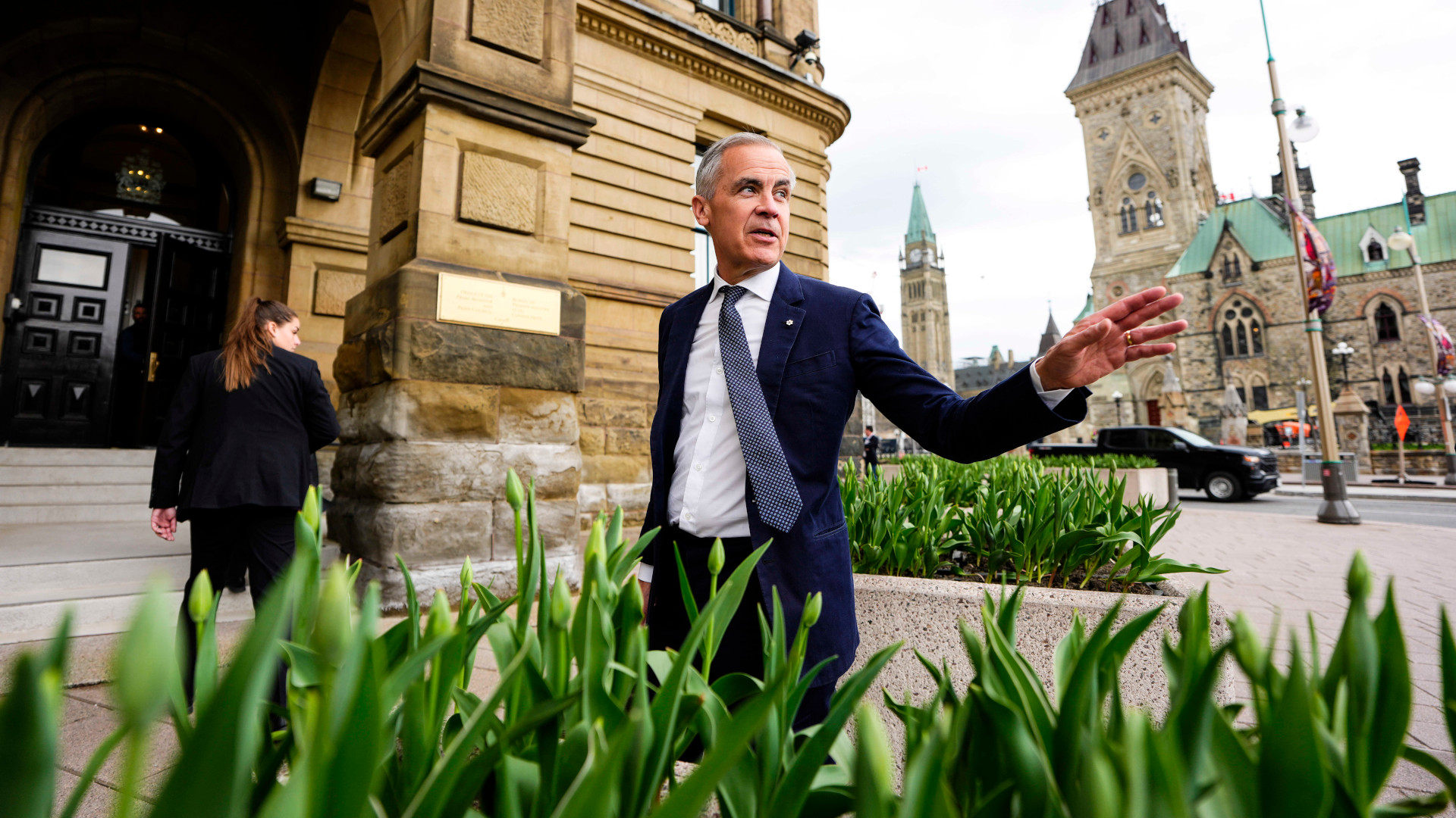Mark Carney standing behind a bed of tulips without blooms on the sidewalk in front of his office. Parliament is in the background.