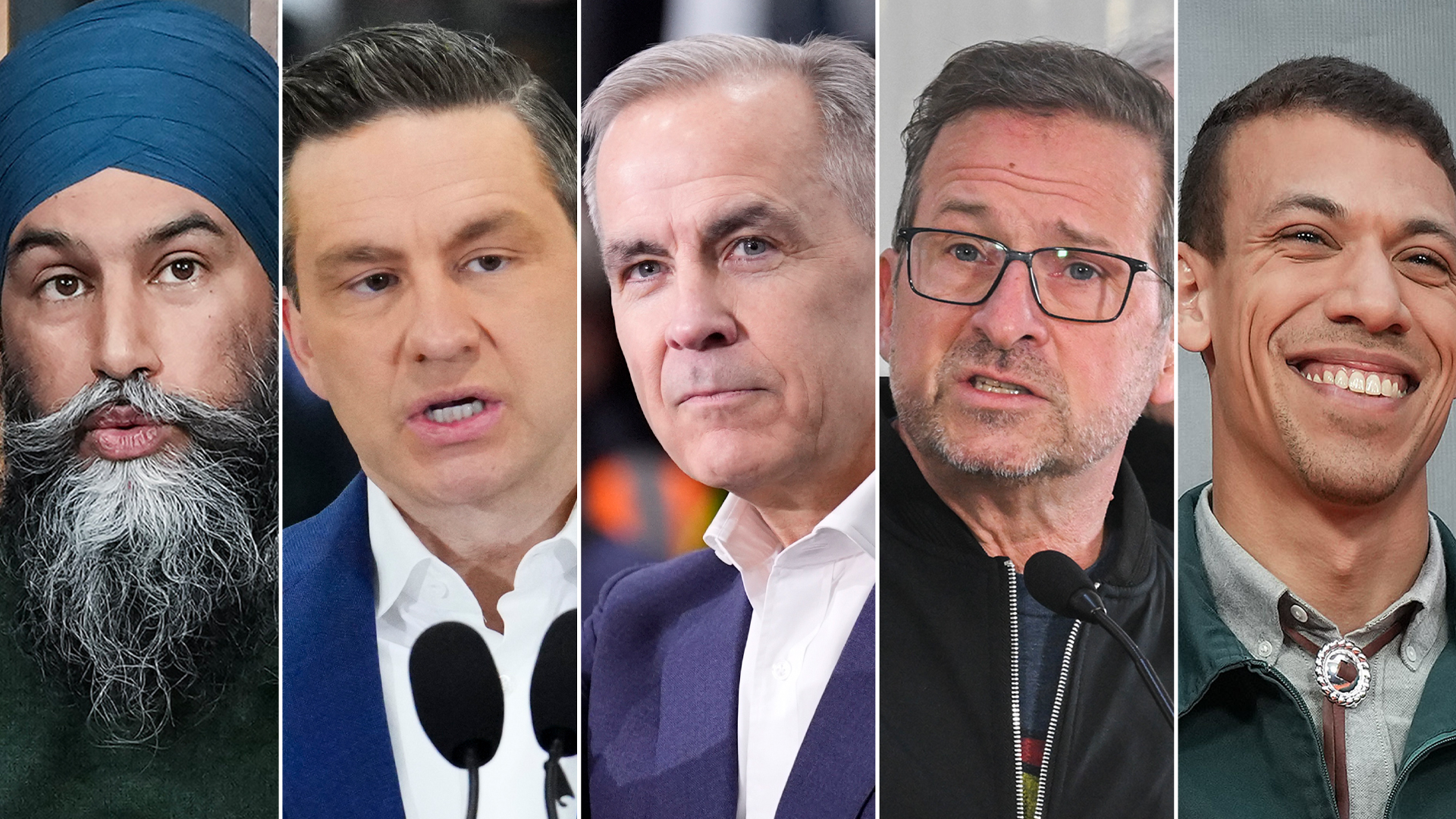 A composite image of the five federal party leaders: NDP Leader Jagmeet Singh, Conservative Leader Pierre Poilievre, Liberal Leader Mark Carney, Bloc Quebecois Leader Yves-Francois Blanchet and Green Party co-leader Jonathan Pedneault