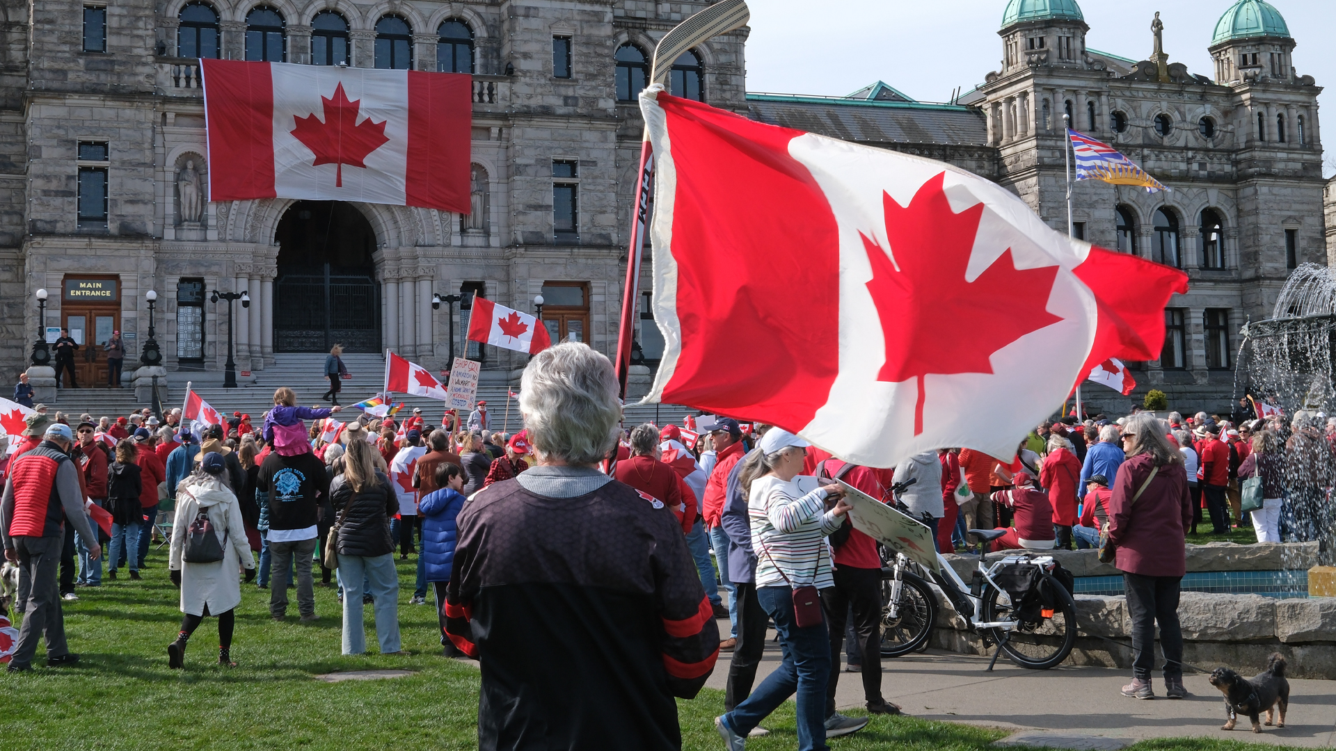 He is part of a crowd of several hundred. Five other Canadian flags are being held by people, and a large Canadian flag has been affixed over the large arched entry of the ornate stone building.