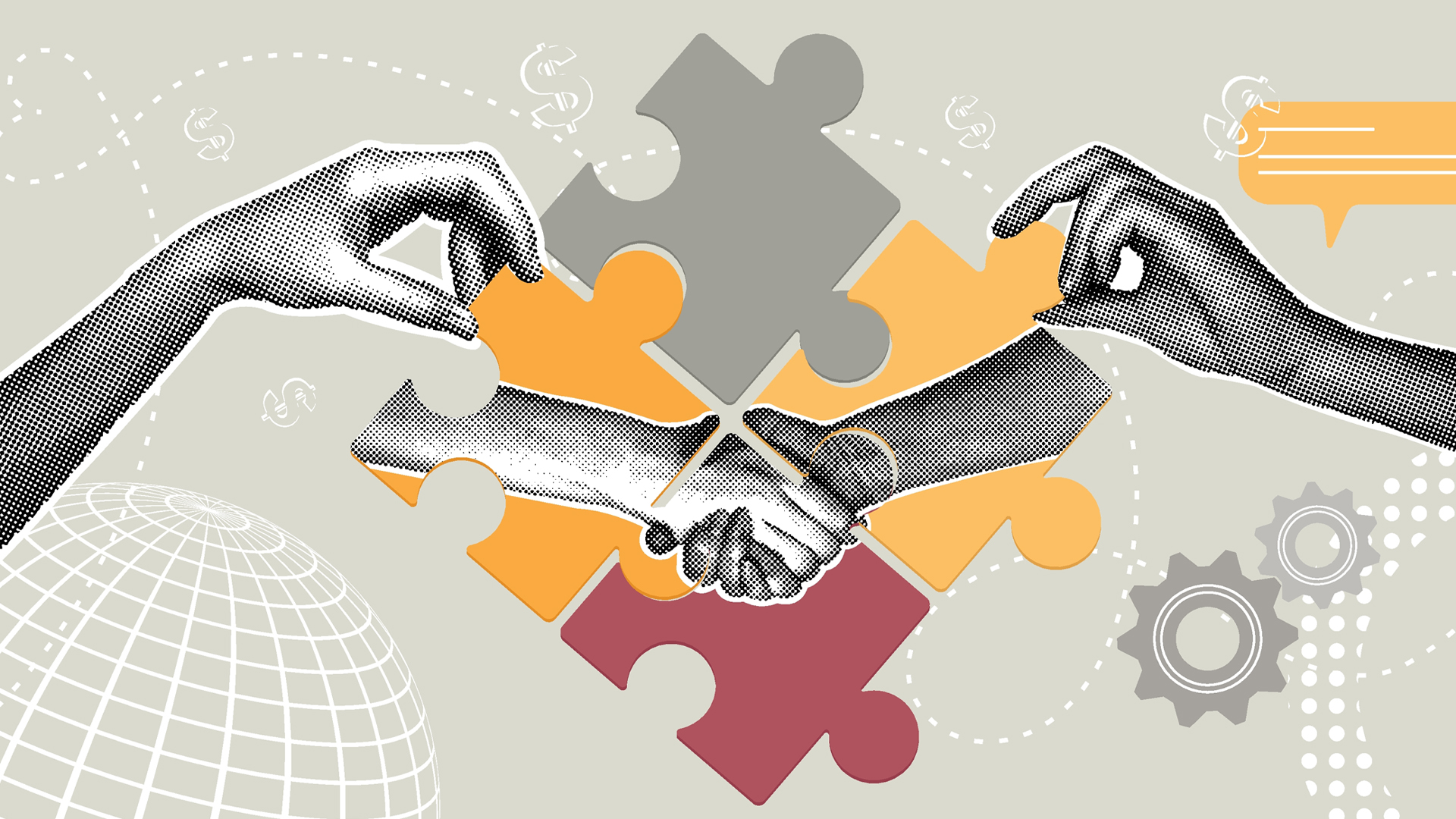 Illustration depicting deals done, with four puzzle pieces fitting together, overlaid with a handshake.
