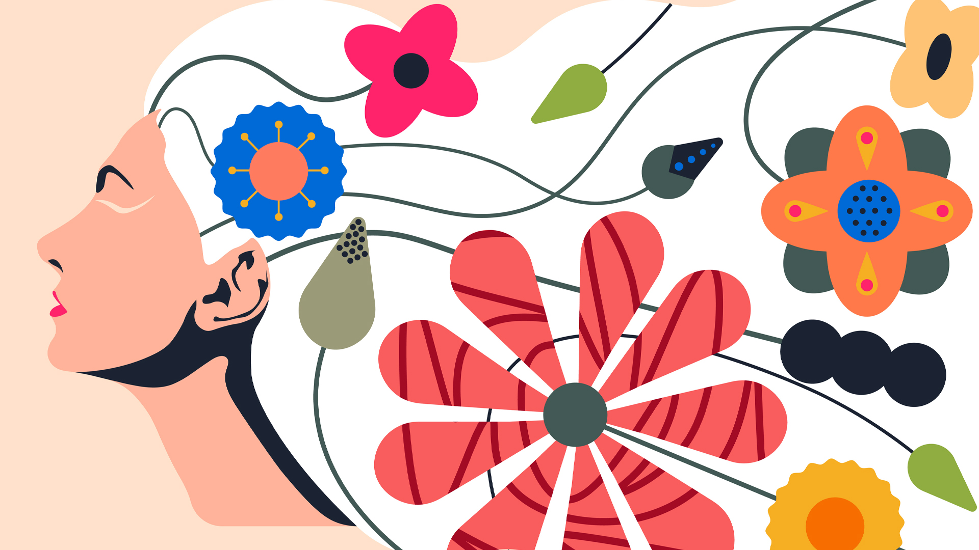 Illustration of a woman seen from the neck up, shown in profile, her long white hair flowing out behind her with a collection of cheerful items embedded in it: flowers and leaves.